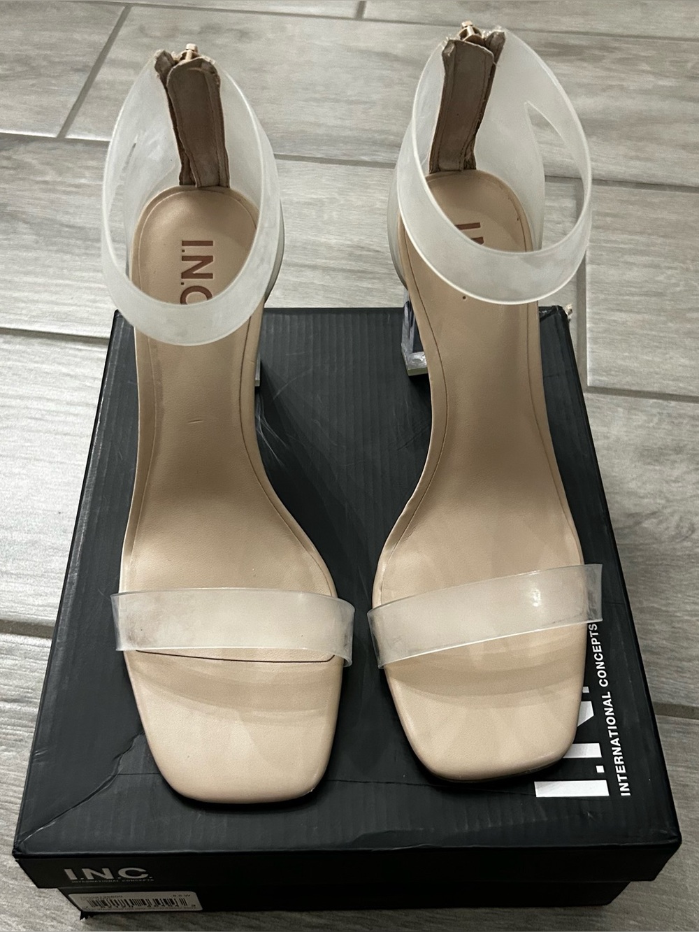 INC International Concepts Clear Strap Nude Block Heel Sandals Size 9